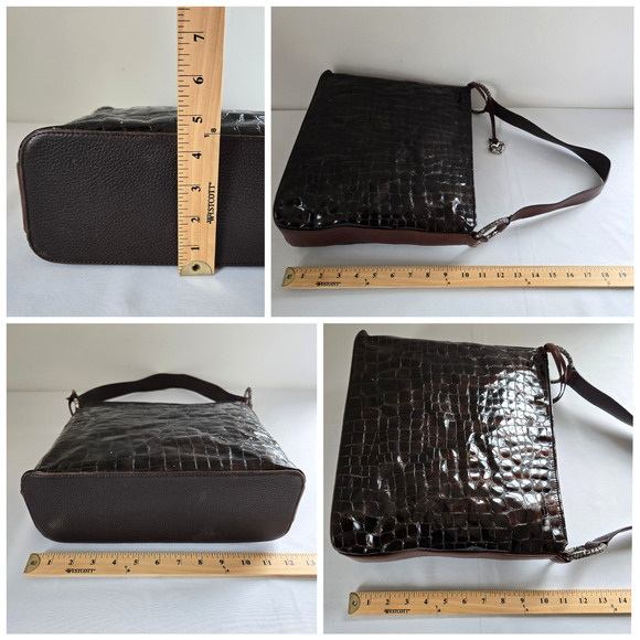 Brighton Shoulder Bag Dark Brown Patent Leather Croc Embossed Classic Purse 12" - Picture 10 of 16
